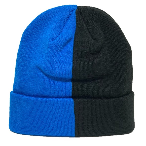 Jay Rauler Split Half Black Blue 2 Two Tone Beanie Warm Knit Cuff Cap Hat ⭐️ - Picture 2 of 3